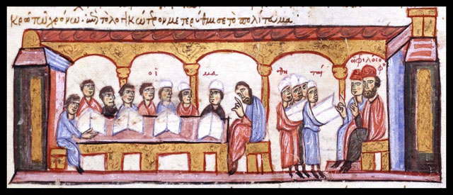 Konstantinopolská univerzita, centrum vzdělanosti východořímské říše – iluminace z madridského rukopisu kroniky Ioanna Skylitza (12. stol.).