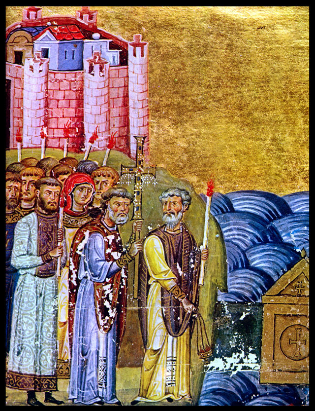 Konstantin a Metoděj nacházejí na Chersonésu ostatky sv. Klimenta – iluminace z Menologia císaře Basila II. (11. stol.).