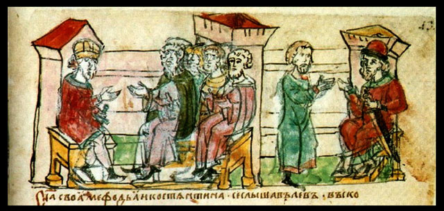 Císař Michael III. přijímá diplomatické poselství Moravanů – iluminace z Radzivilského rukopisu Povesti vremennych let (14. stol.).