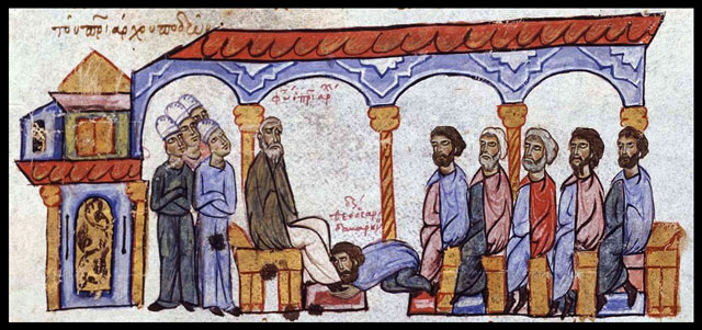 Patriarcha sv. Fotios koná sněm s biskupy – iluminace z madridského rukopisu kroniky Ioanna Skylitza (12. stol.).