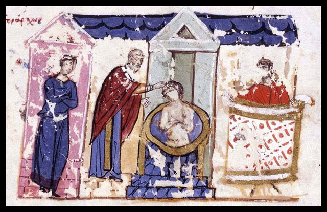 Křest bulharského chána Borise – iluminace z madridského rukopisu kroniky Ioanna Skylitza (12. stol.).
