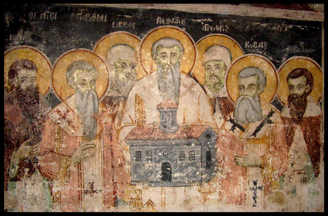 Svatí sedmipočetníci – Cyril, Metoděj a jejich pět nejvýznamnějších žáků Naum, Kliment, Sáva, Angelár a Gorazd – freska z kláštera sv. Nauma v Ochridu (r. 1806).